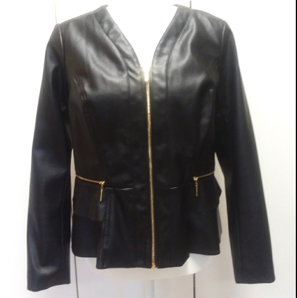 NEW Thalia Sodi Faux Leather Ruffle Peplum Jacket